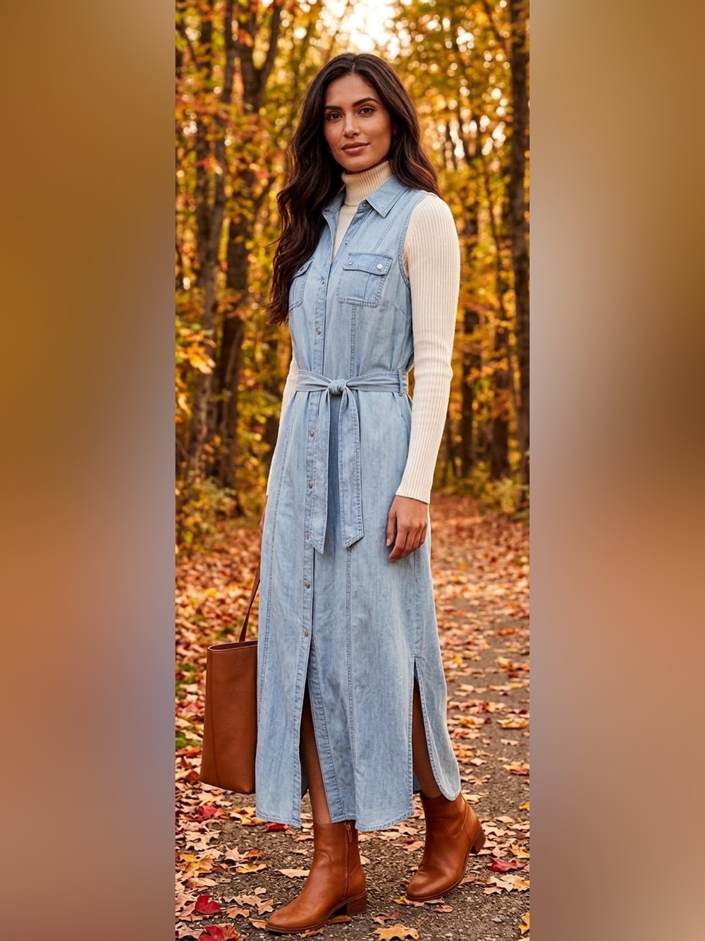Michael Kors Light Blue Denim Maxi Shirt Dress with Tie Waist